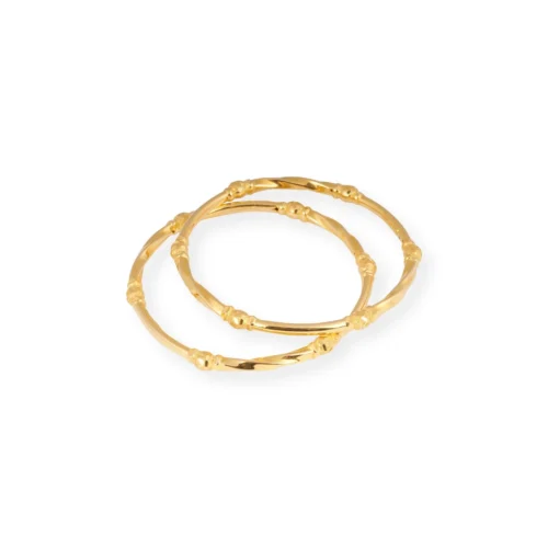 Pair Of 22ct Hollow Tube Bangles With Twist & Diamond Cut Beads Design - Classic Hollow Tube Bangles