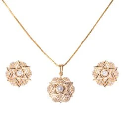 22ct Gold Cubic Zirconia And Cultured Pearl Pendant, Chain And Earrings P&E-8046 C-2816