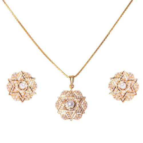 22ct Gold Cubic Zirconia And Cultured Pearl Pendant, Chain And Earrings P&E-8046 C-2816