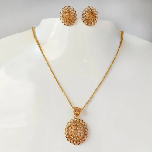 22ct Gold Antiquated Look Pendant, Chain & Earrings With Polki Style Cubic Zirconias (17.7g) P&E-8239