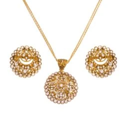 22ct Gold Antiquated Look Pendant, Chain And Earrings With Polki Style Cubic Zirconias (26.8g) P&E-8240