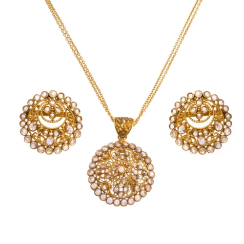 22ct Gold Antiquated Look Pendant, Chain And Earrings With Polki Style Cubic Zirconias (26.8g) P&E-8240