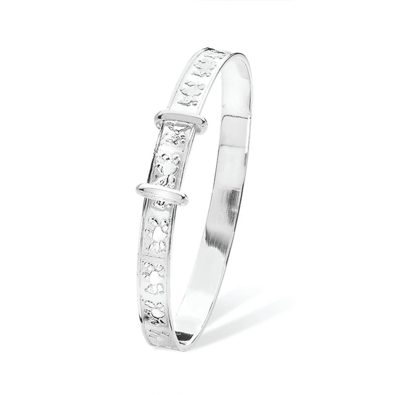 Sterling Silver Teddy Engraved Adjustable Children's Bangle 1 Sterling Silver Teddy Engraved Adjustable Children's Bangle