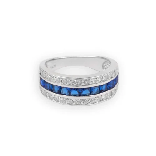 Sterling Silver Sapphire And Cubic Zirconia Ring - Rhodium Plated Finish | Size L