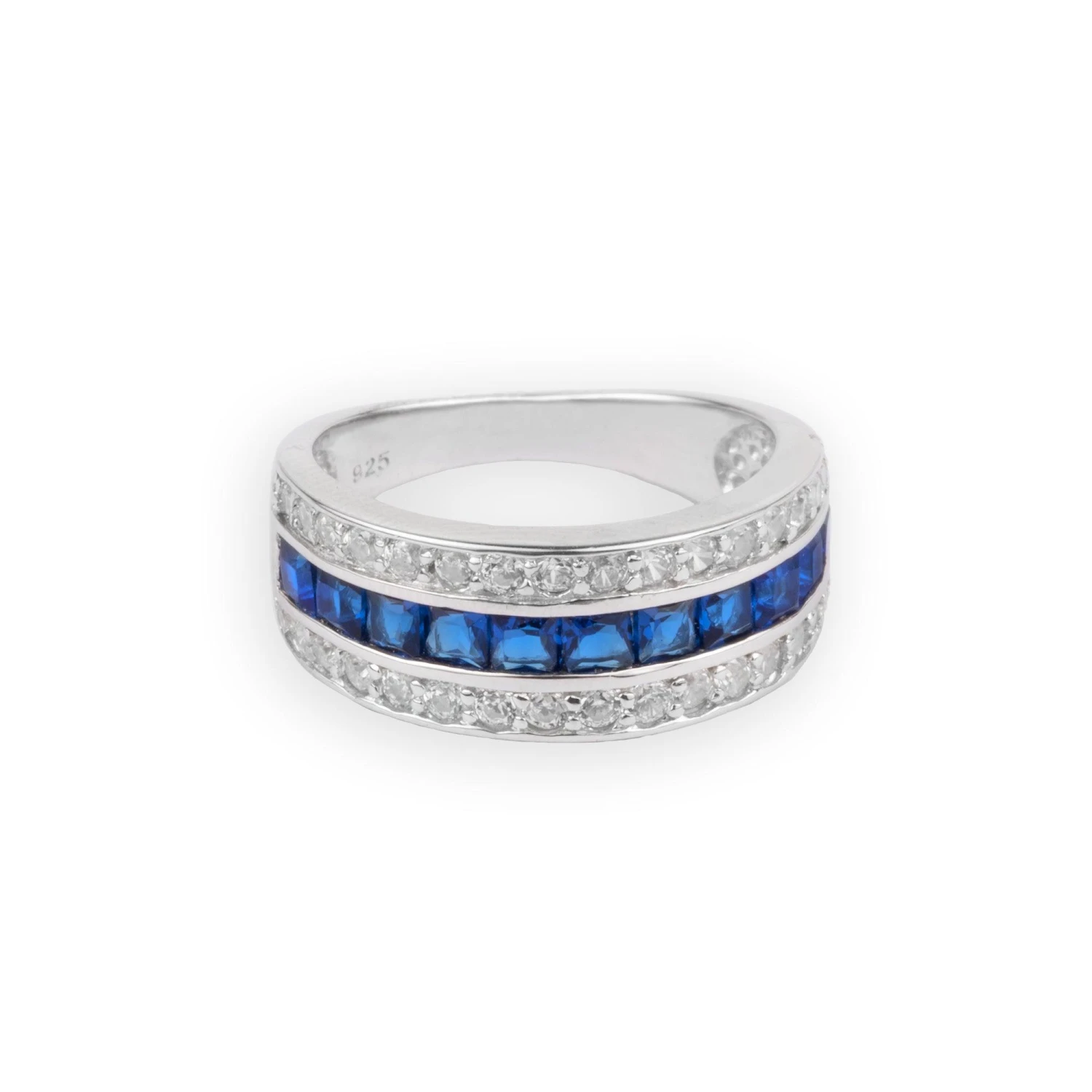 Sterling Silver Sapphire And Cubic Zirconia Ring - Rhodium Plated Finish | Size L 1 Sterling Silver Sapphire And Cubic Zirconia Ring - Rhodium Plated Finish | Size L