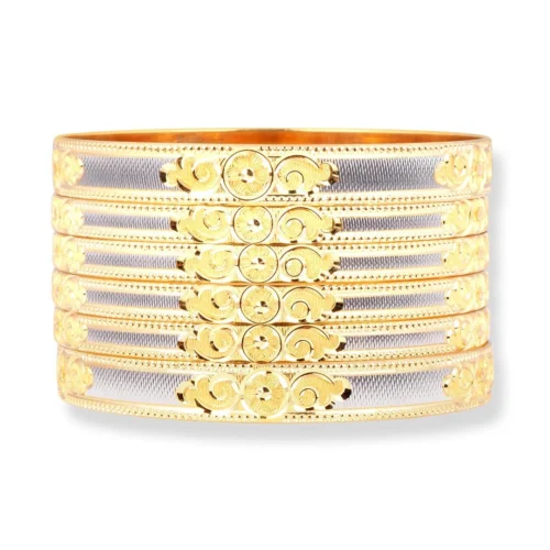 Set Of Six 22ct Gold Bangles With Rhodium Plating And Flower Design - Exquisite Gold Bangle Set