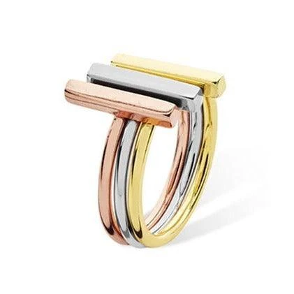 Sterling Silver Three Tone Stack Ring - Elegant Linear Design In Silver, Rose, And Yellow Gold | Size P