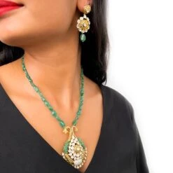 18ct Yellow Gold Polki Diamond And Emerald Necklace And Earrings Suite VPE-0818506 -Shiny Jewelry Hub VPE 0818506