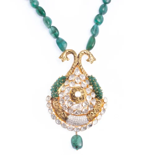18ct Yellow Gold Polki Diamond And Emerald Necklace And Earrings Suite VPE-0818506