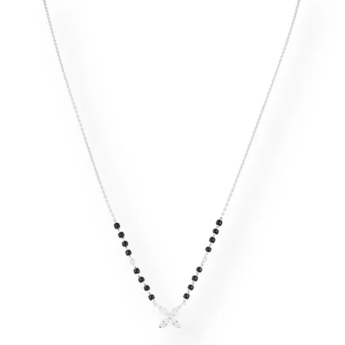White Gold 18ct Mangal Sutra With Black Beads And Diamond Flower Design