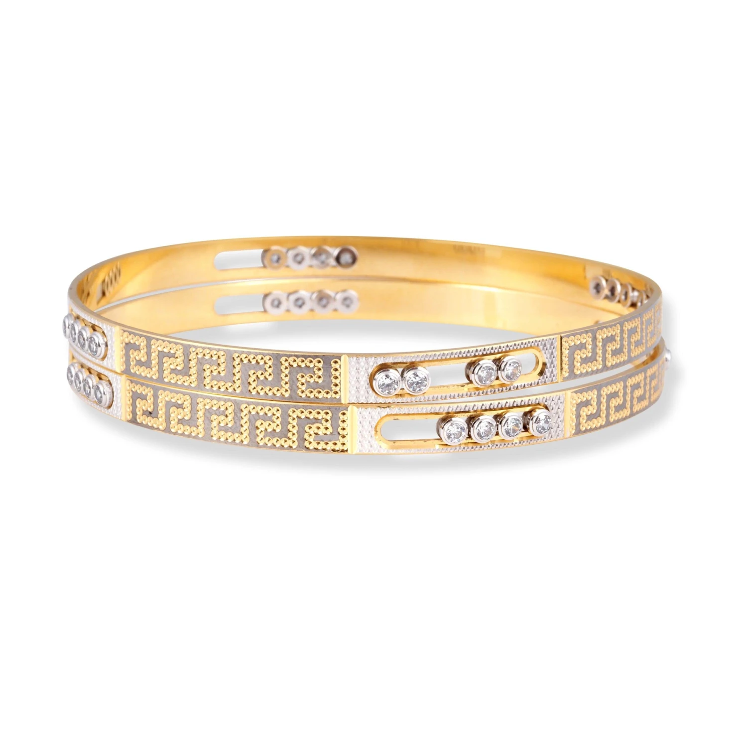Pair Of 22ct Gold Bangles With Sliding Bezel Set Cubic Zirconia Stones With Rhodium & Diamond Cut Design - Exquisite Rhodium Cut Design - 1 Pair Of 22ct Gold Bangles With Sliding Bezel Set Cubic Zirconia Stones With Rhodium & Diamond Cut Design - Exquisite Rhodium Cut Design -