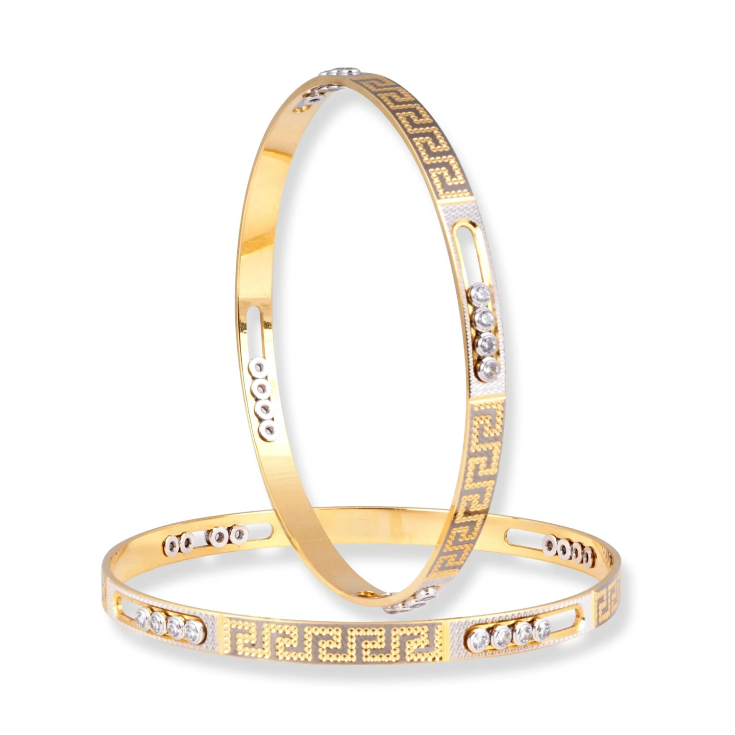 Pair Of 22ct Gold Bangles With Sliding Bezel Set Cubic Zirconia Stones With Rhodium & Diamond Cut Design - Exquisite Rhodium Cut Design - 2 Pair Of 22ct Gold Bangles With Sliding Bezel Set Cubic Zirconia Stones With Rhodium & Diamond Cut Design - Exquisite Rhodium Cut Design - - Image 2